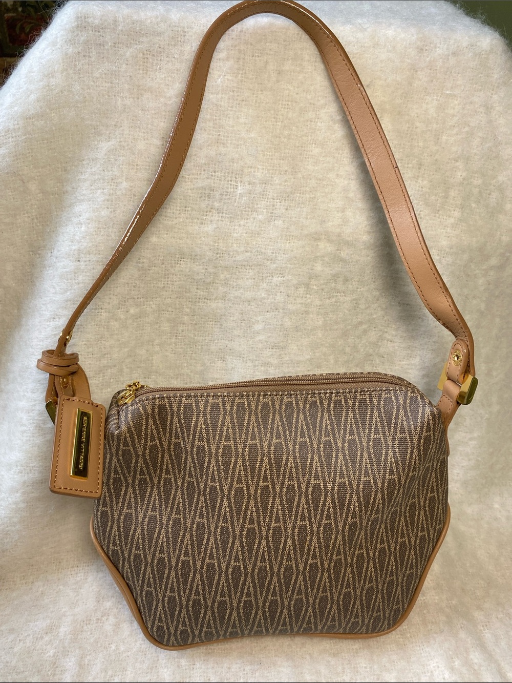 Adrienne Vittadini Tan Patterned Shoulder Bag with Leather Trim and Gold Accents